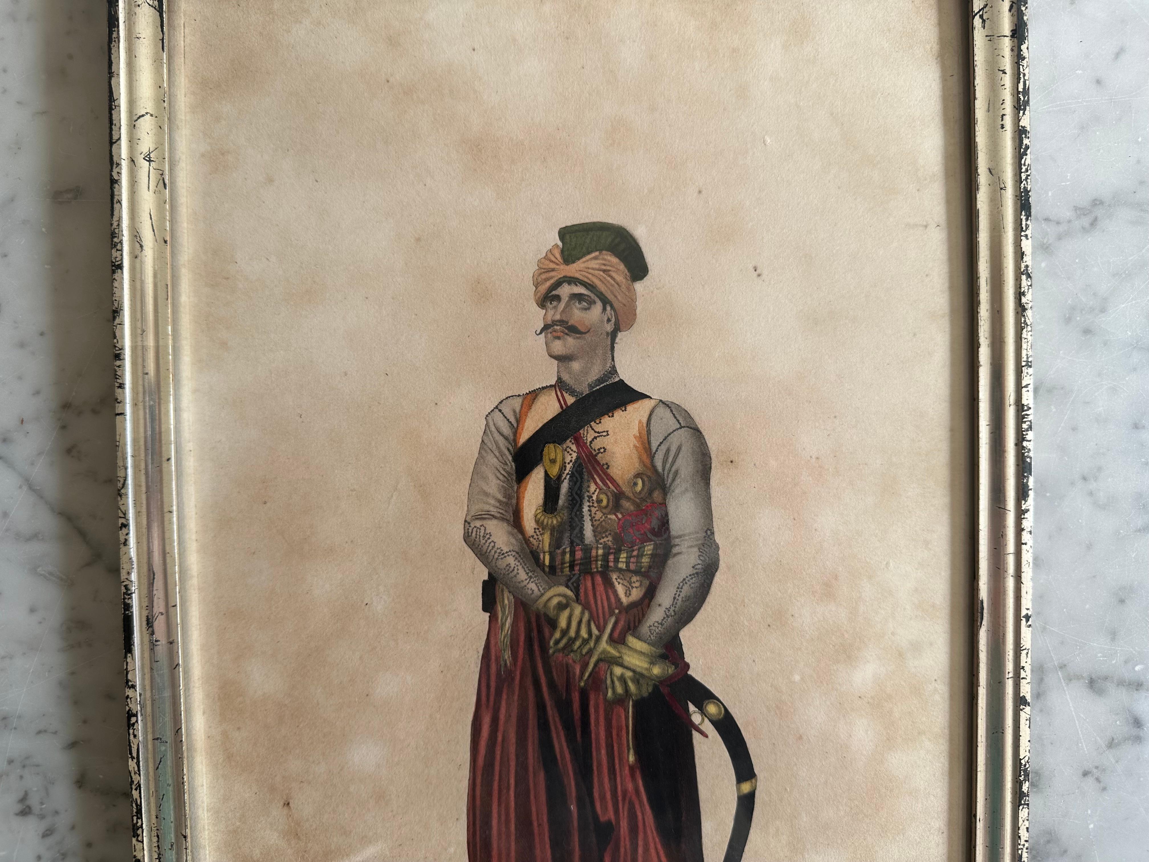 19th Century Hand-Colored Copper Engraving of an Arab Warrior (Vergoldet) im Angebot