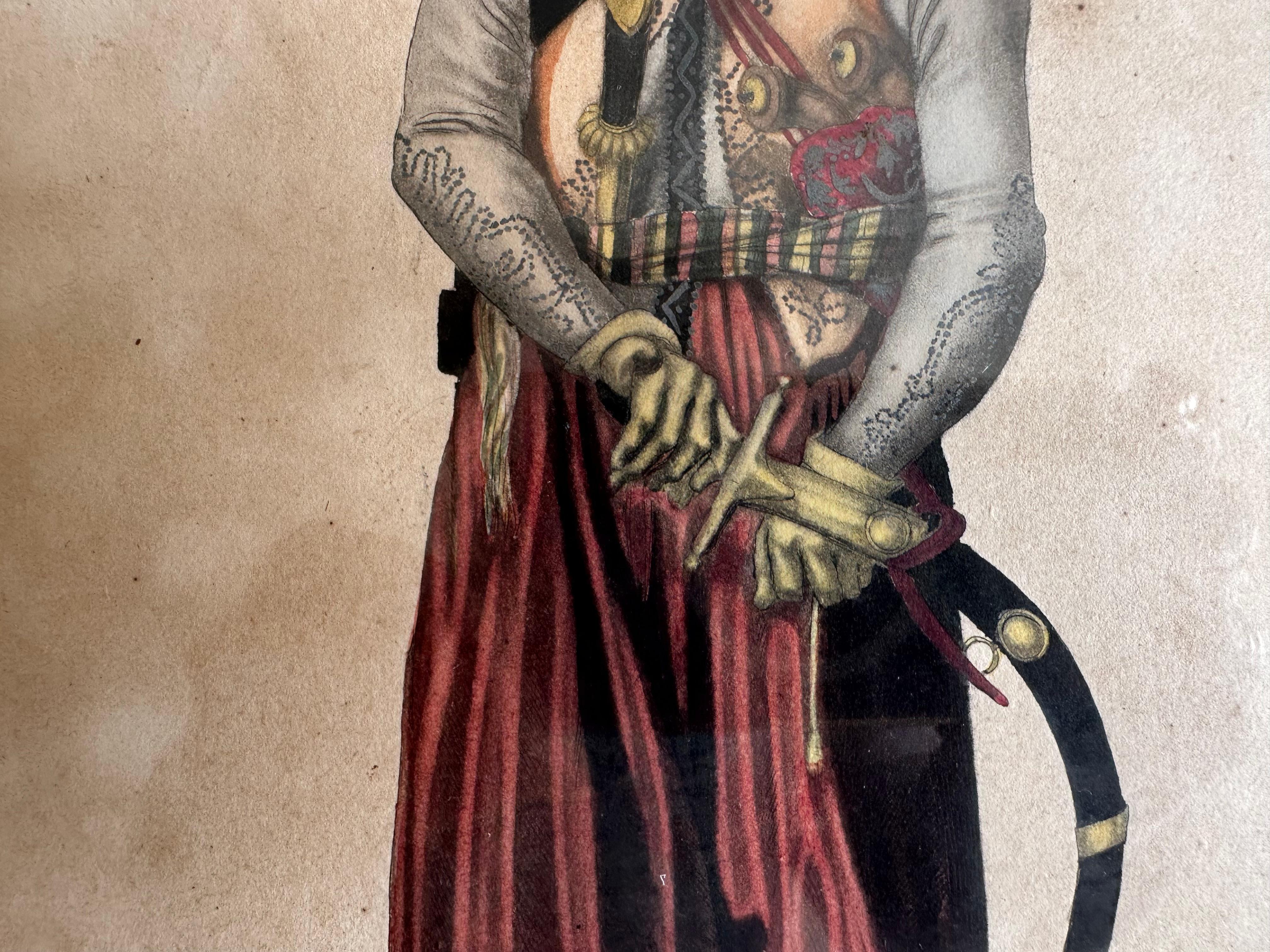 19th Century Hand-Colored Copper Engraving of an Arab Warrior (19. Jahrhundert) im Angebot