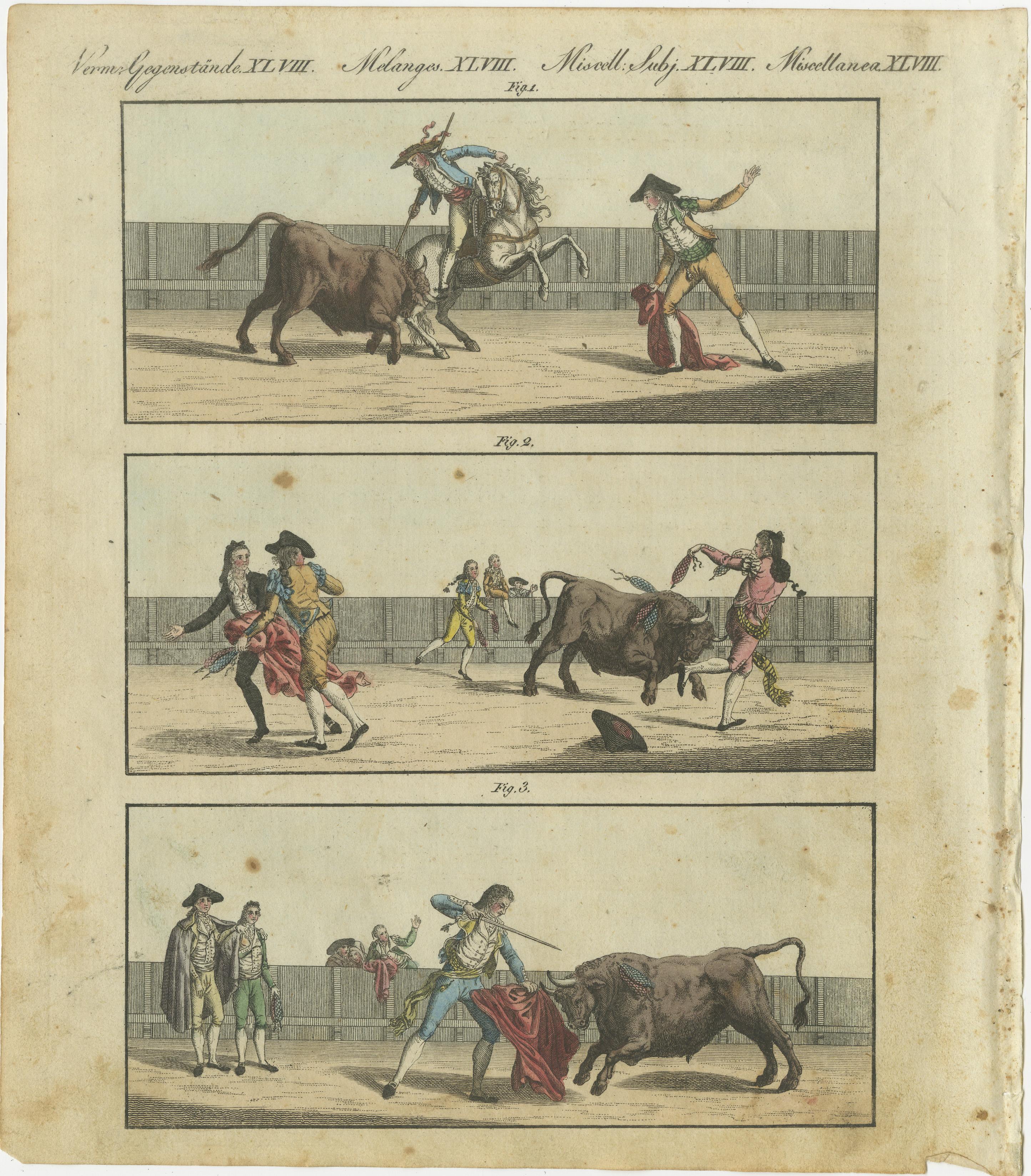 Title: 19th-Century Hand-Colored Engraving Depicting Traditional Bullfighting Scenes  

Description:  
This captivating hand-colored engraving from the early 19th century showcases three dramatic scenes from a bullfighting arena. Labeled