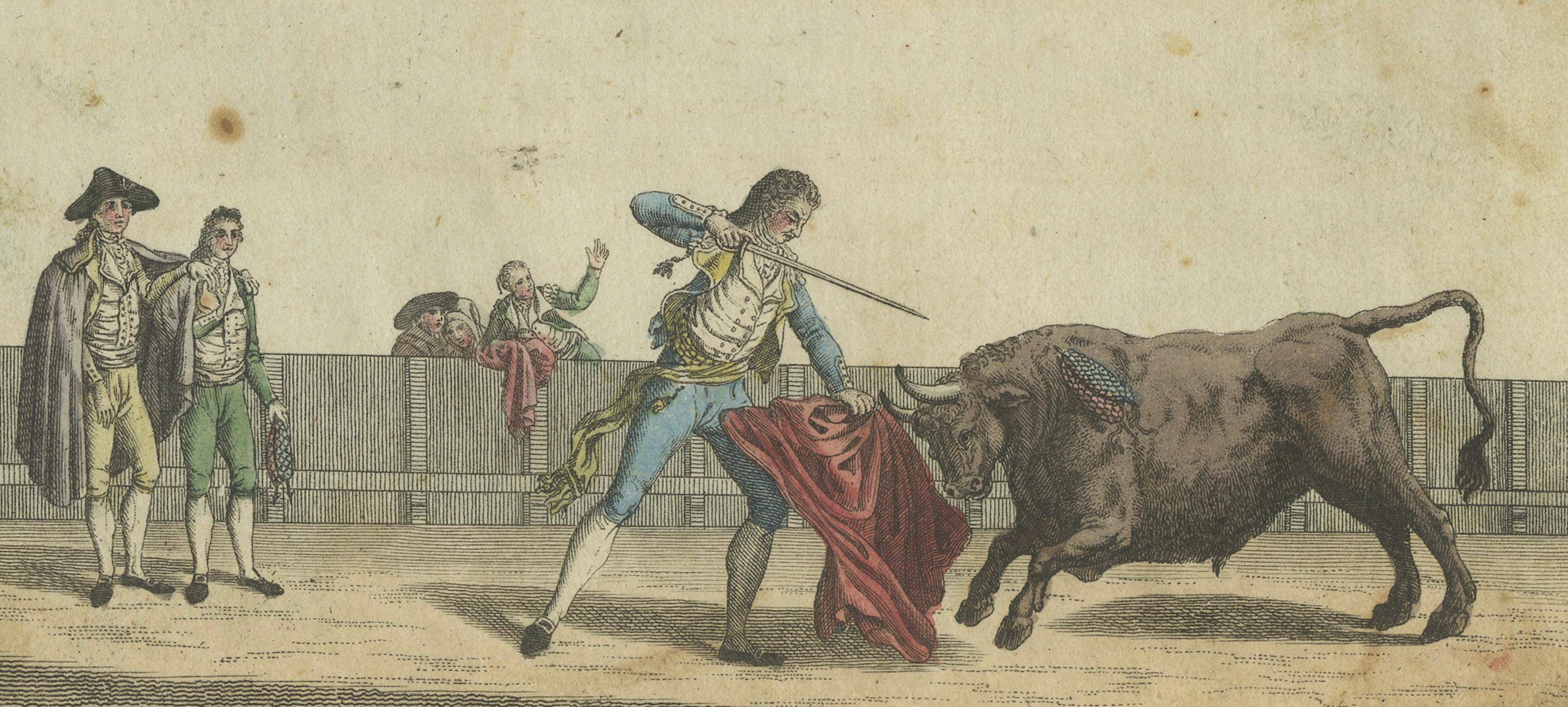 Engraved 19th-Century Hand-Colored Engraving Depicting Traditional Bullfighting Scenes For Sale