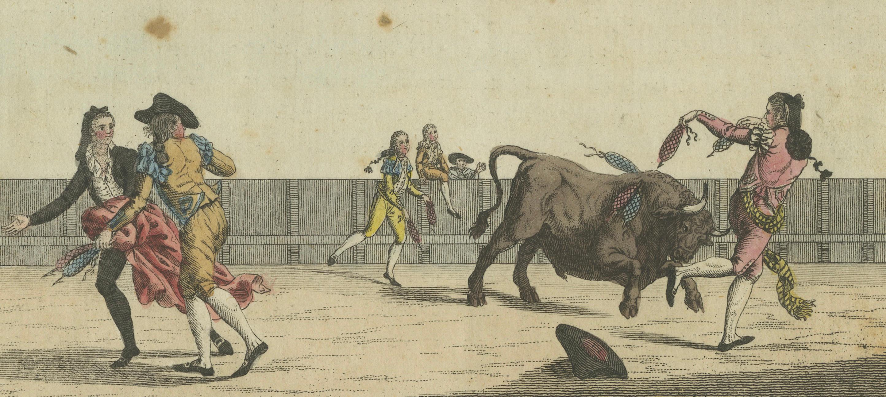 19th-Century Hand-Colored Engraving Depicting Traditional Bullfighting Scenes In Good Condition For Sale In Langweer, NL