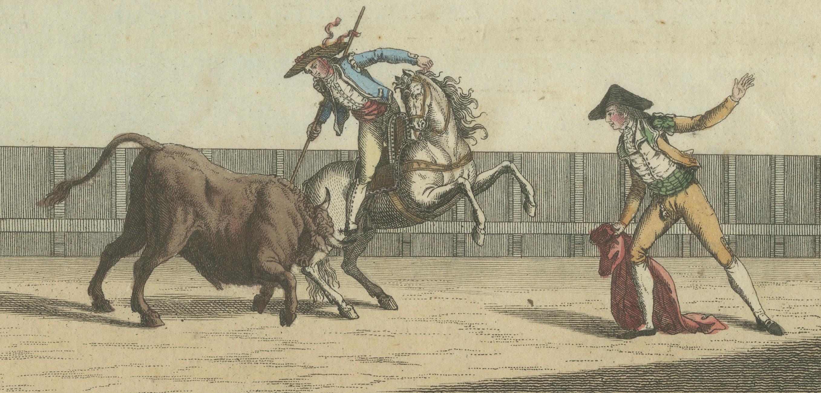 Early 19th Century 19th-Century Hand-Colored Engraving Depicting Traditional Bullfighting Scenes For Sale