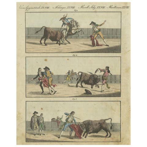 19th-Century Hand-Colored Engraving Depicting Traditional Bullfighting Scenes