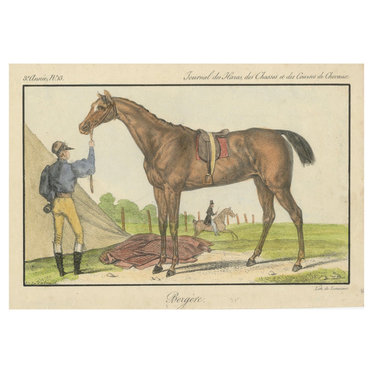 19th Century Hand-Colored Lithograph of Horse "Bergère" from Journal des Haras