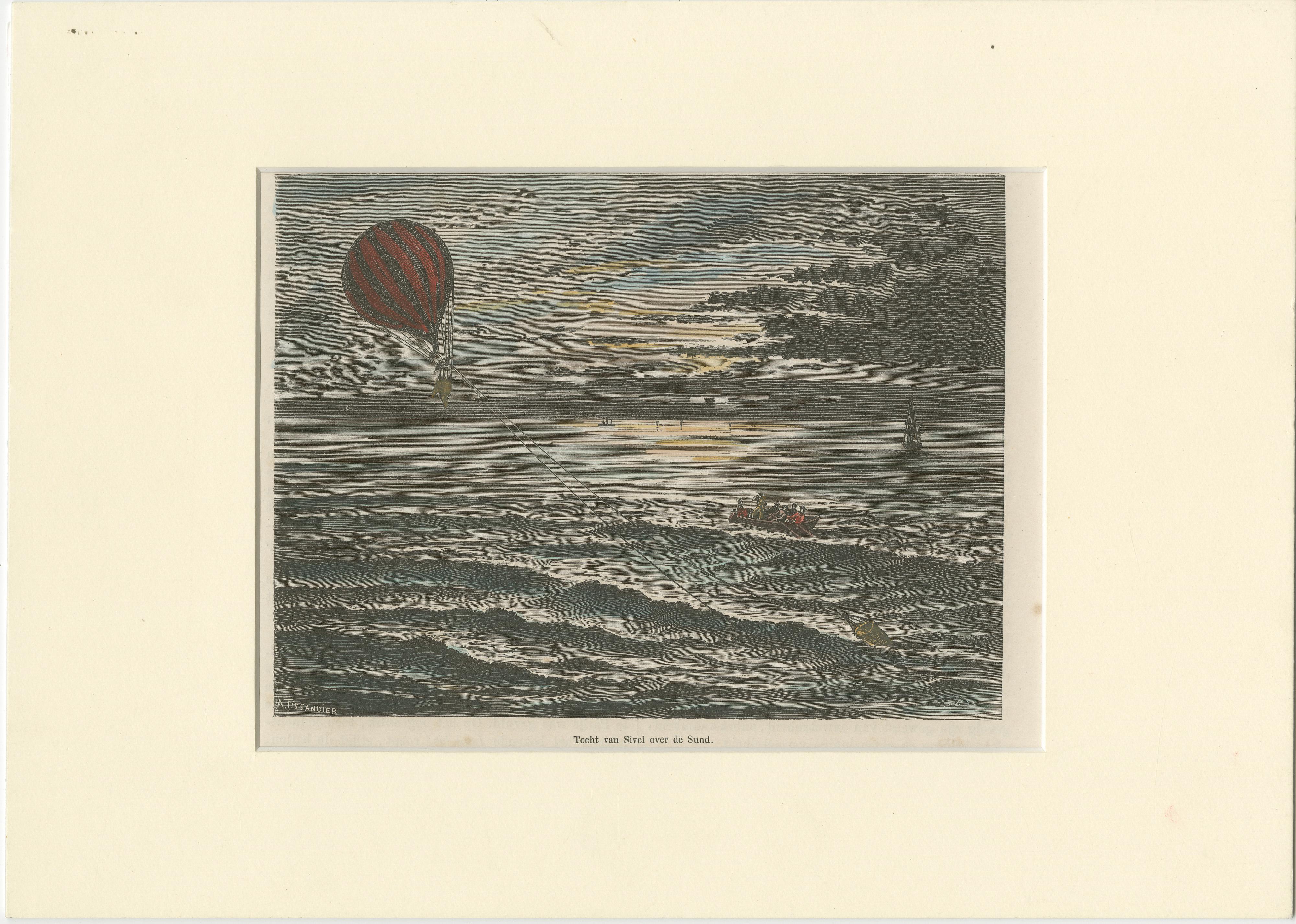 Gravure à la main du XIXe siècle - Voyage en ballon de Sivel au-dessus de l'Øresund

Cette gravure atmosphérique du XIXe siècle, coloriée à la main, illustre l'audacieux voyage en ballon de l'aéronaute français Joseph Eustache Sivel à travers le