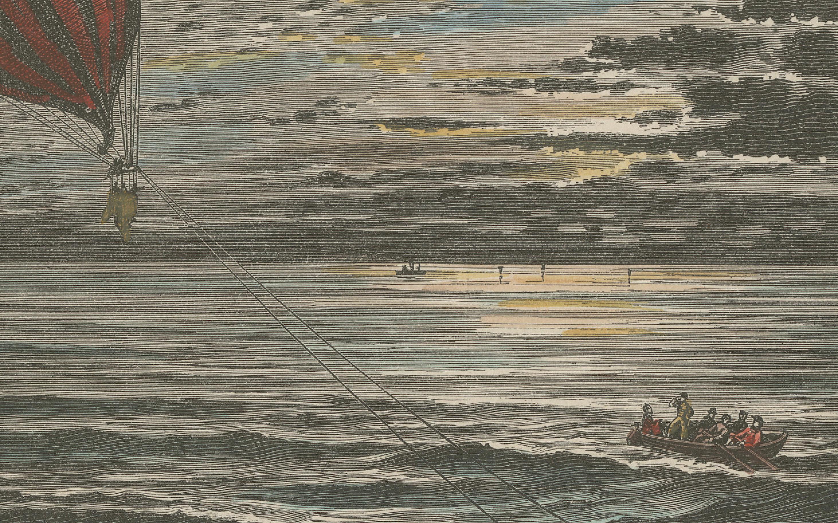 Gravé Gravure à la main du XIXe siècle - Voyage en ballon de Sivel au-dessus de l'Øresund en vente