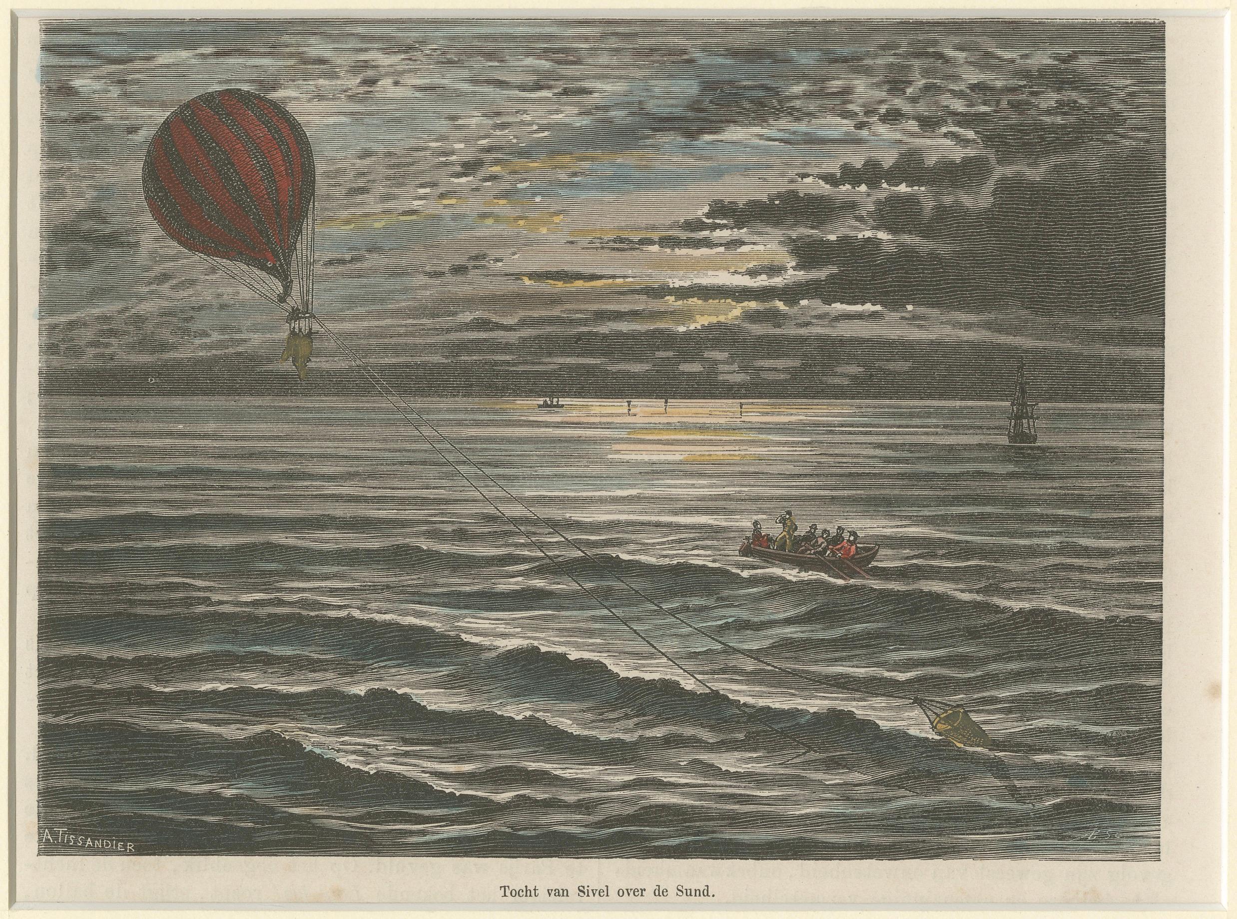Gravure à la main du XIXe siècle - Voyage en ballon de Sivel au-dessus de l'Øresund Bon état - En vente à Langweer, NL