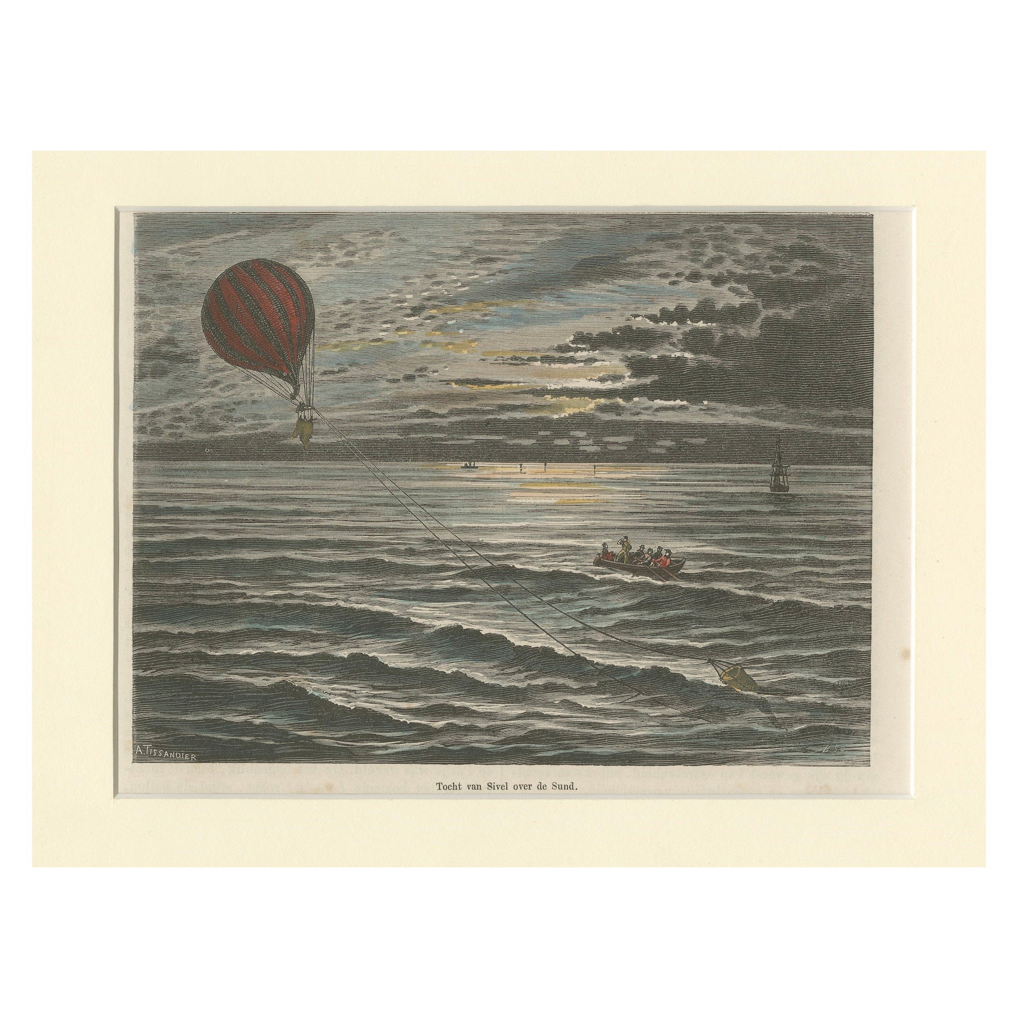 Handkolorierter Kupferstich aus dem 19. Jahrhundert - Ballonfahrt von Sivel über den Öresund