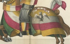 19th-Century Hand-Coloured Jousting Print: Heraldic Knights Charging in Contest