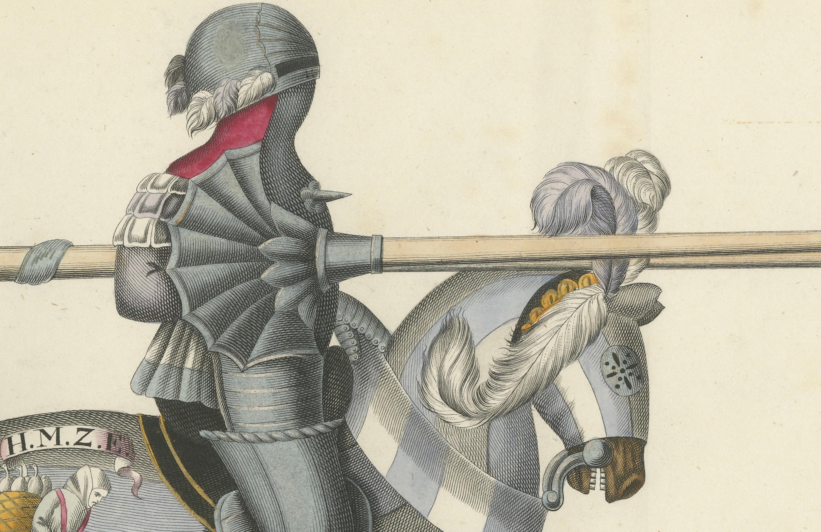Milieu du XIXe siècle Impression de Jous du 19e siècle, collectionnée à la main : Chevaliers héraldiques se formant en concours en vente