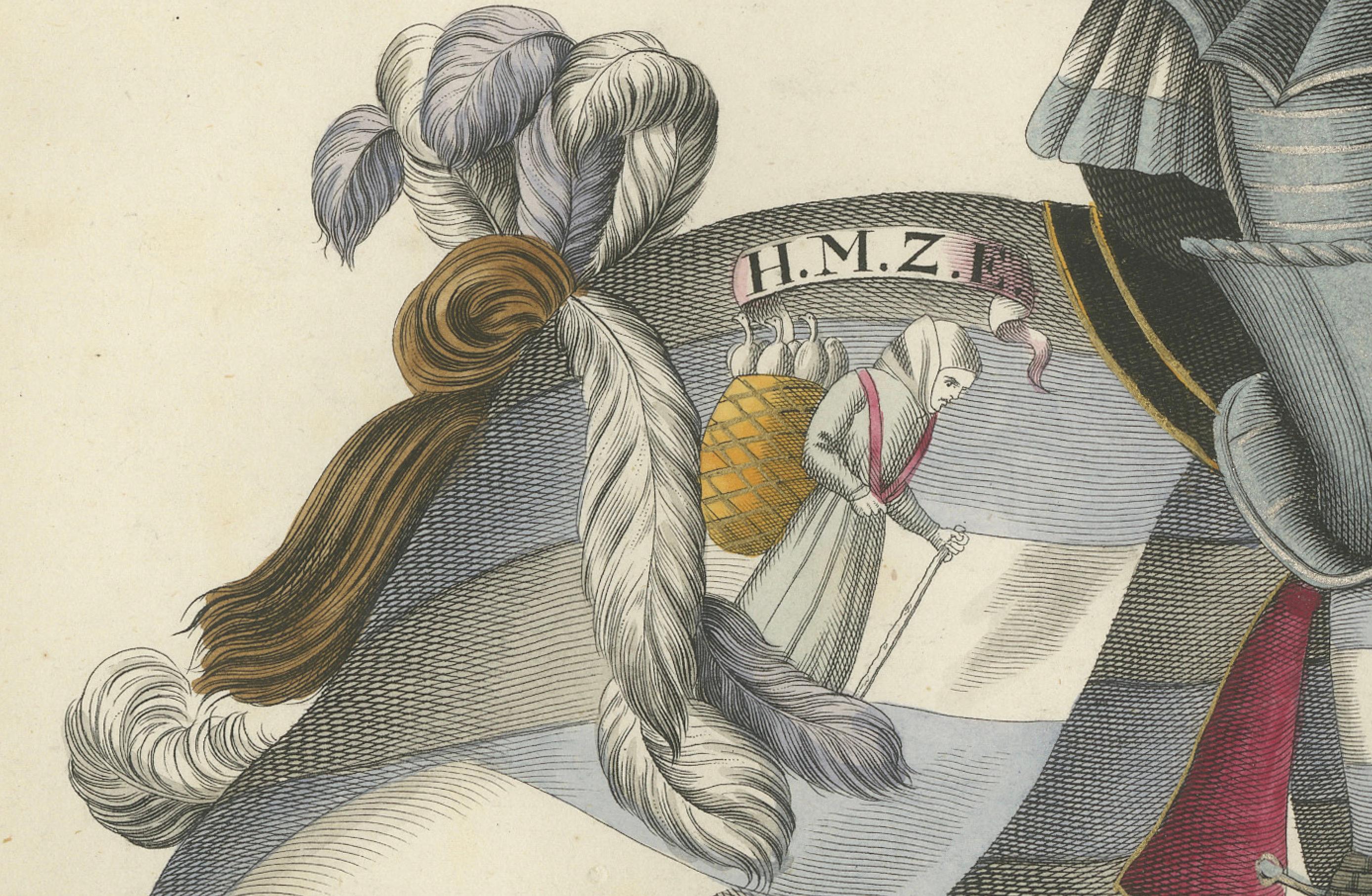 Papier Impression de Jous du 19e siècle, collectionnée à la main : Chevaliers héraldiques se formant en concours en vente