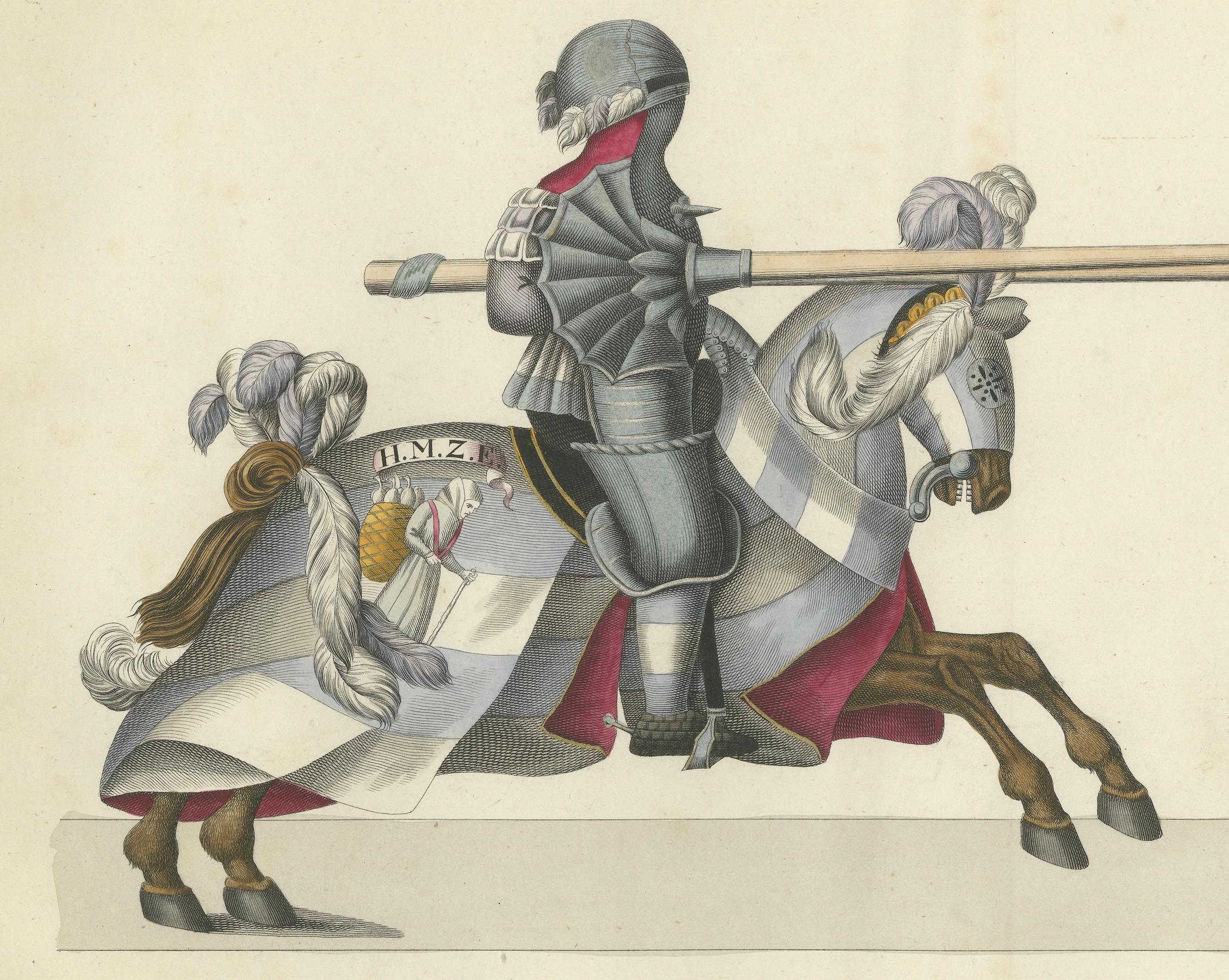 Impression de Jous du 19e siècle, collectionnée à la main : Chevaliers héraldiques se formant en concours en vente 1