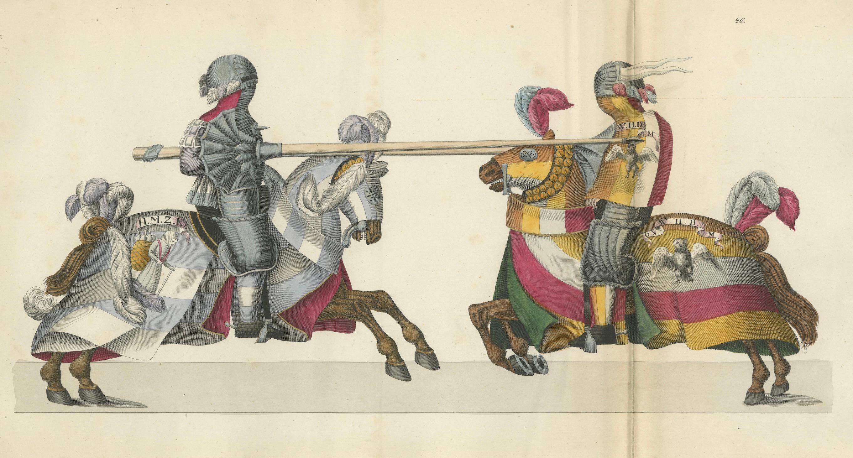 Impression de Jous du 19e siècle, collectionnée à la main : Chevaliers héraldiques se formant en concours en vente 2