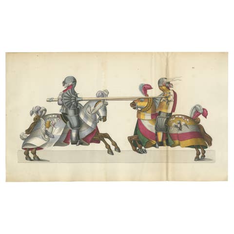 19th-Century Hand-Coloured Jousting Print: Heraldic Knights Charging in Contest