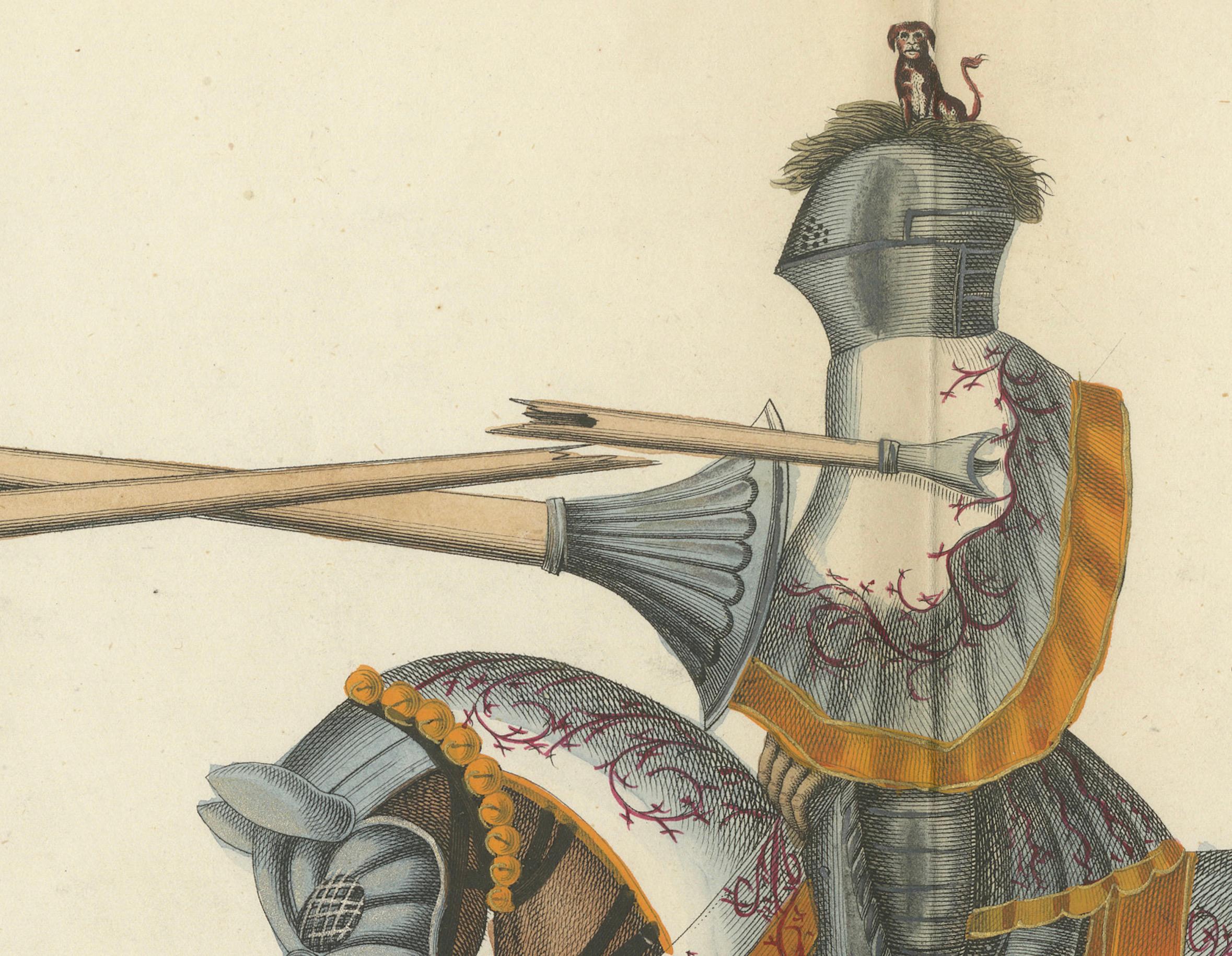 19th-Century Hand-Coloured Knightly Joust: Ornate Armor & Horses in Action

This original hand-coloured lithograph, produced in 1842, offers an intimate glimpse into the splendor of a medieval jousting tournament. It comes from the esteemed