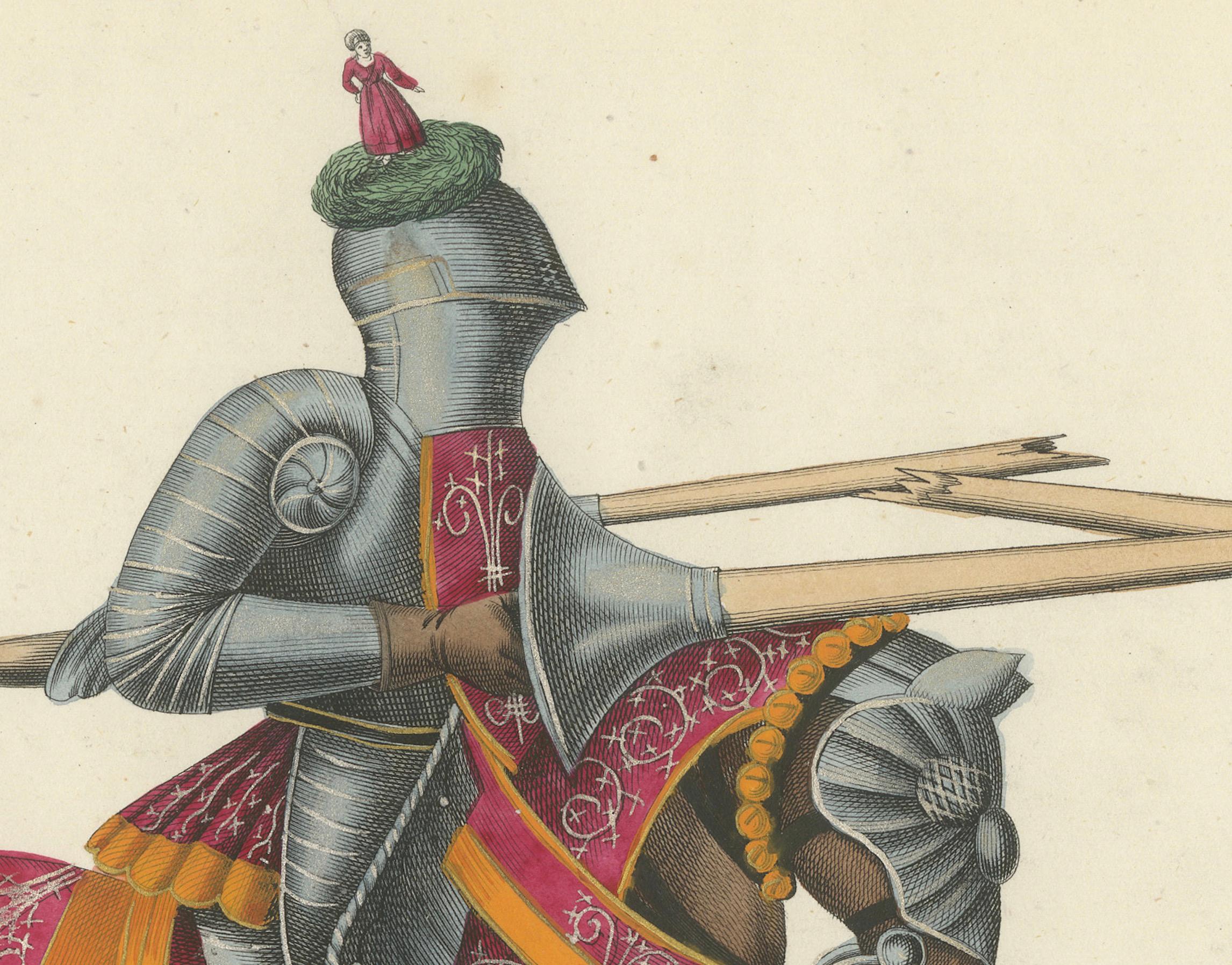 19th-Century Hand-Coloured Knightly Joust: Ornate Armor & Horses in Action In Good Condition For Sale In Langweer, NL