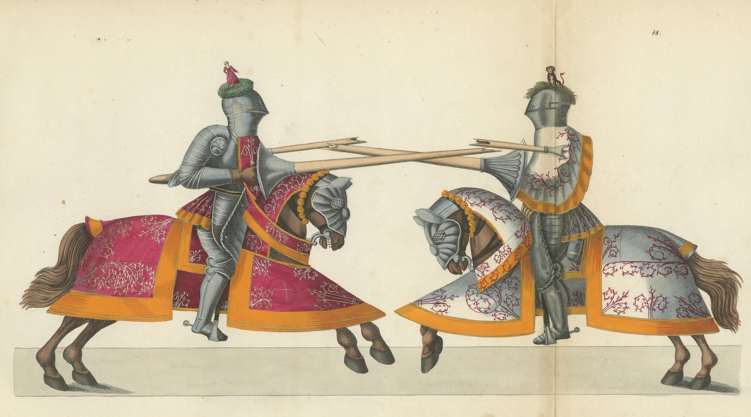 19th-Century Hand-Coloured Knightly Joust: Ornate Armor & Horses in Action For Sale 1