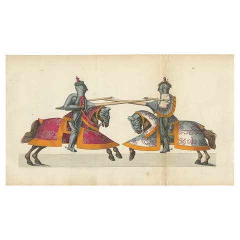 19th-Century Hand-Coloured Knightly Joust: Ornate Armor & Horses in Action