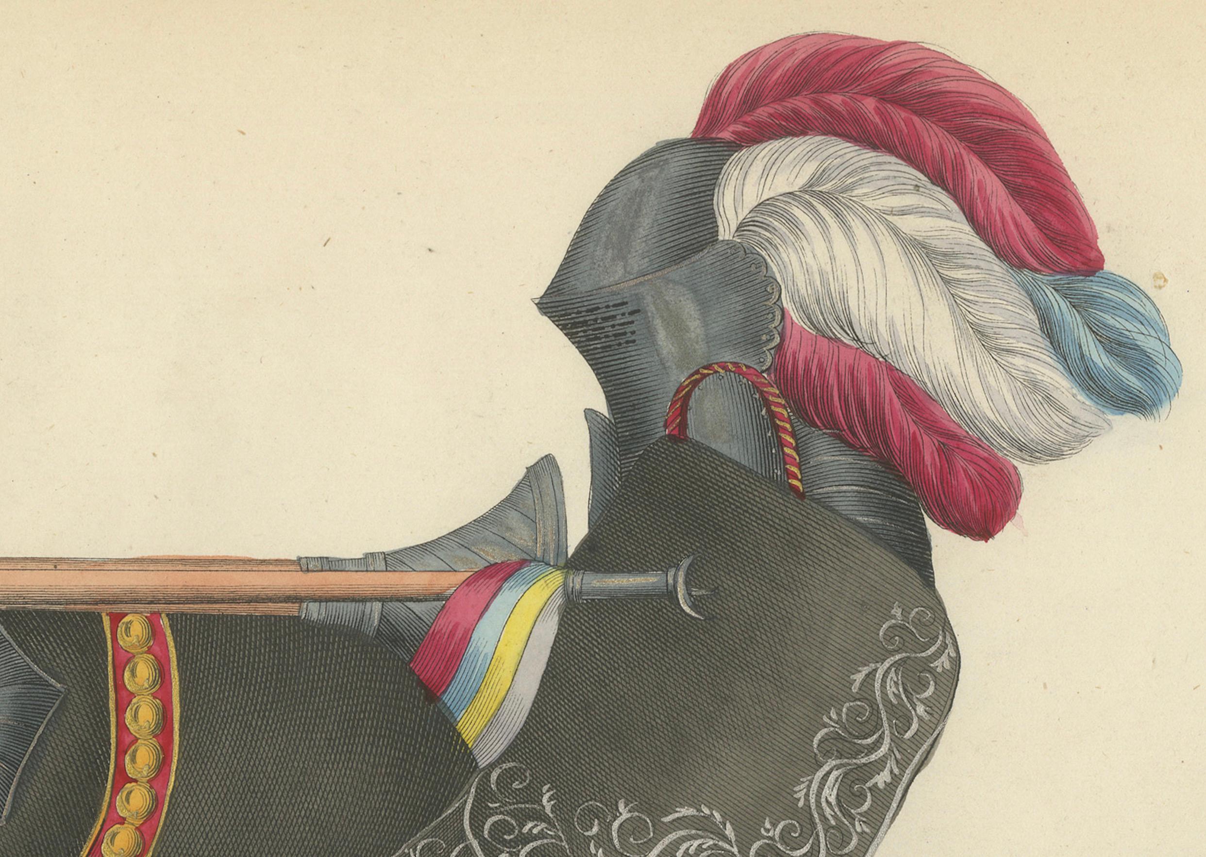 Handkolorierte Ritter aus dem 19. Jahrhundert, die in verzierten schwarzen Caparisons kämpfen
  
Diese prächtige handkolorierte Originallithografie aus dem Jahr 1842 zeigt die Eleganz, Dramatik und Kunstfertigkeit eines mittelalterlichen