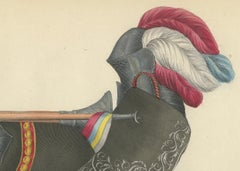 19th-Century Hand-Coloured Knights Jousting in Ornate Black Caparisons
