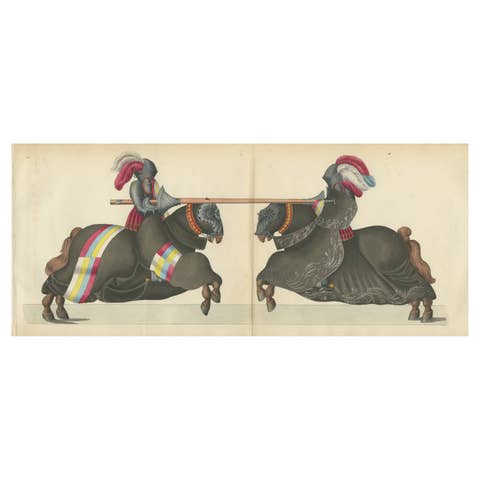 19th-Century Hand-Coloured Knights Jousting in Ornate Black Caparisons