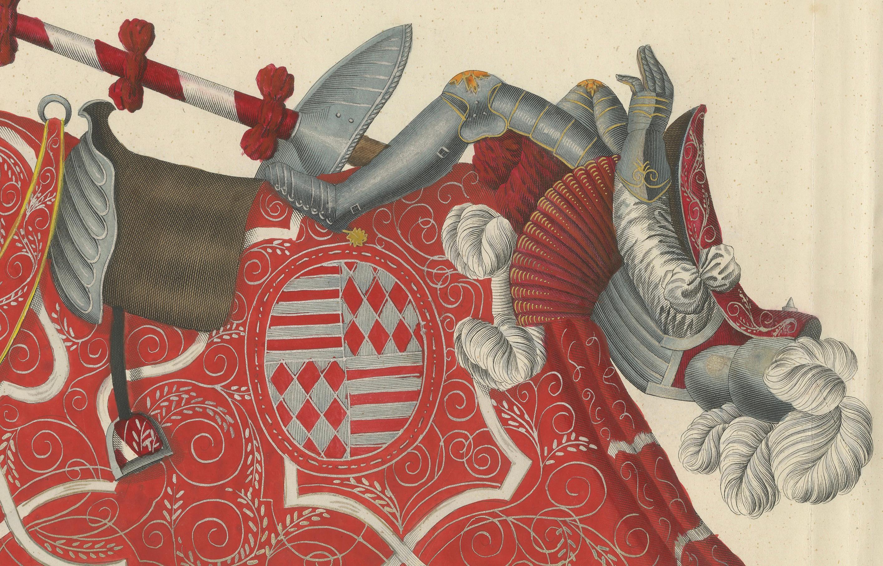 19th-Century Hand-Coloured Lithograph: Ornate Jousting Knights with Striking Heraldry

This exceptional original hand-coloured lithograph, dating to 1842, offers a vibrant and detailed depiction of a medieval jousting tournament’s climax. Taken from
