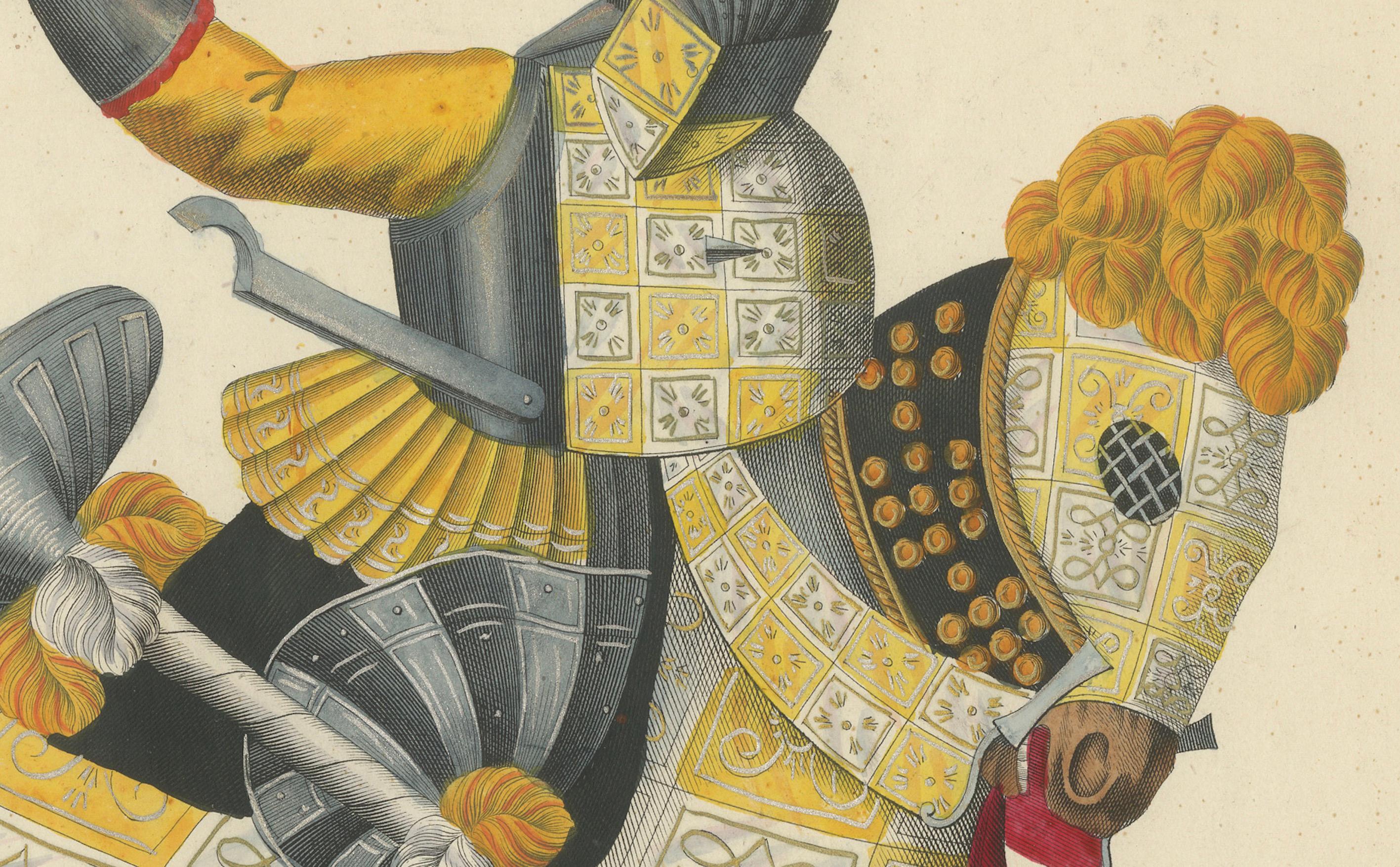 19th-Century Hand-Coloured Litho: Ornate Jousting Knights with Striking Heraldry In Good Condition For Sale In Langweer, NL