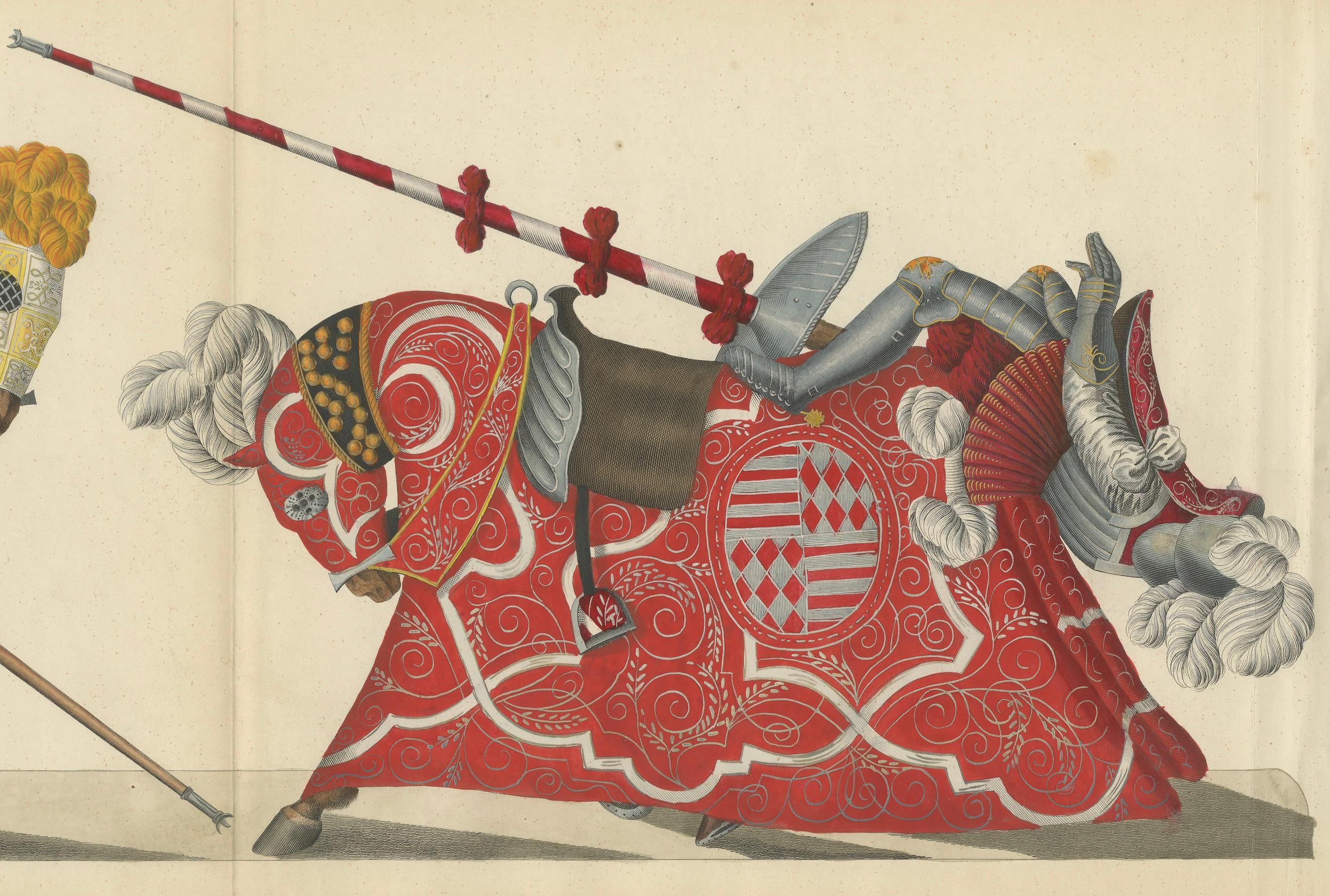 Mid-19th Century 19th-Century Hand-Coloured Litho: Ornate Jousting Knights with Striking Heraldry For Sale