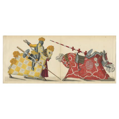 19th-Century Hand-Coloured Litho: Ornate Jousting Knights with Striking Heraldry