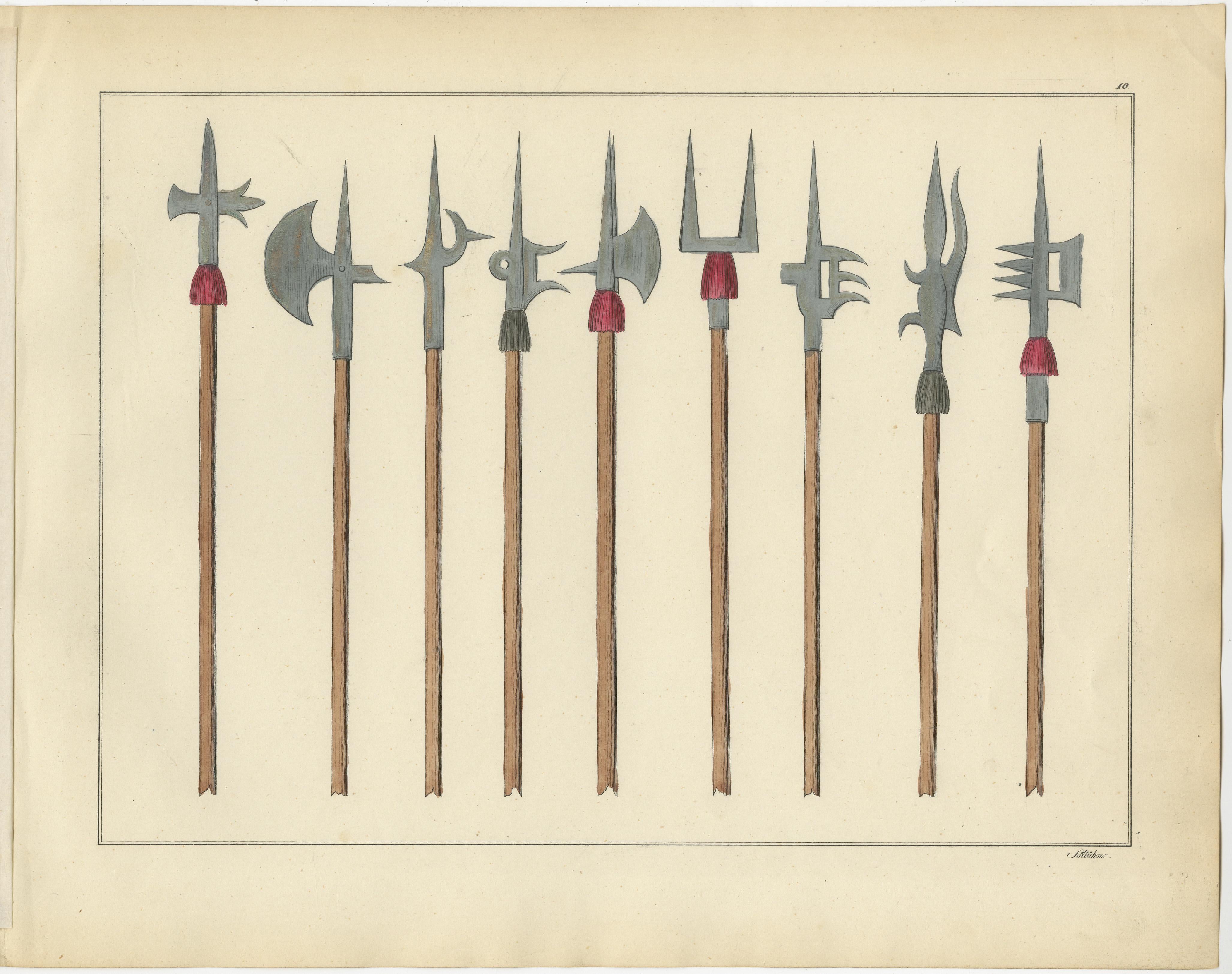 Lithographie du 19e siècle composée à la main d'armoiries médiévales ornées  

Description : Cette compilation soigneusement sélectionnée de deux lithographies colorées à la main présente une variété étonnante d'armes à feu polaires médiévales,