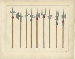 19th-Century Hand-Coloured Lithograph Compilation of Ornate Medieval Polearms