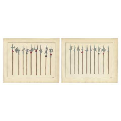 19th-Century Hand-Coloured Lithograph Compilation of Ornate Medieval Polearms