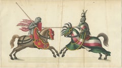 19th-Century Hand-Coloured Lithograph of a Knightly Joust in Bold Red and Green