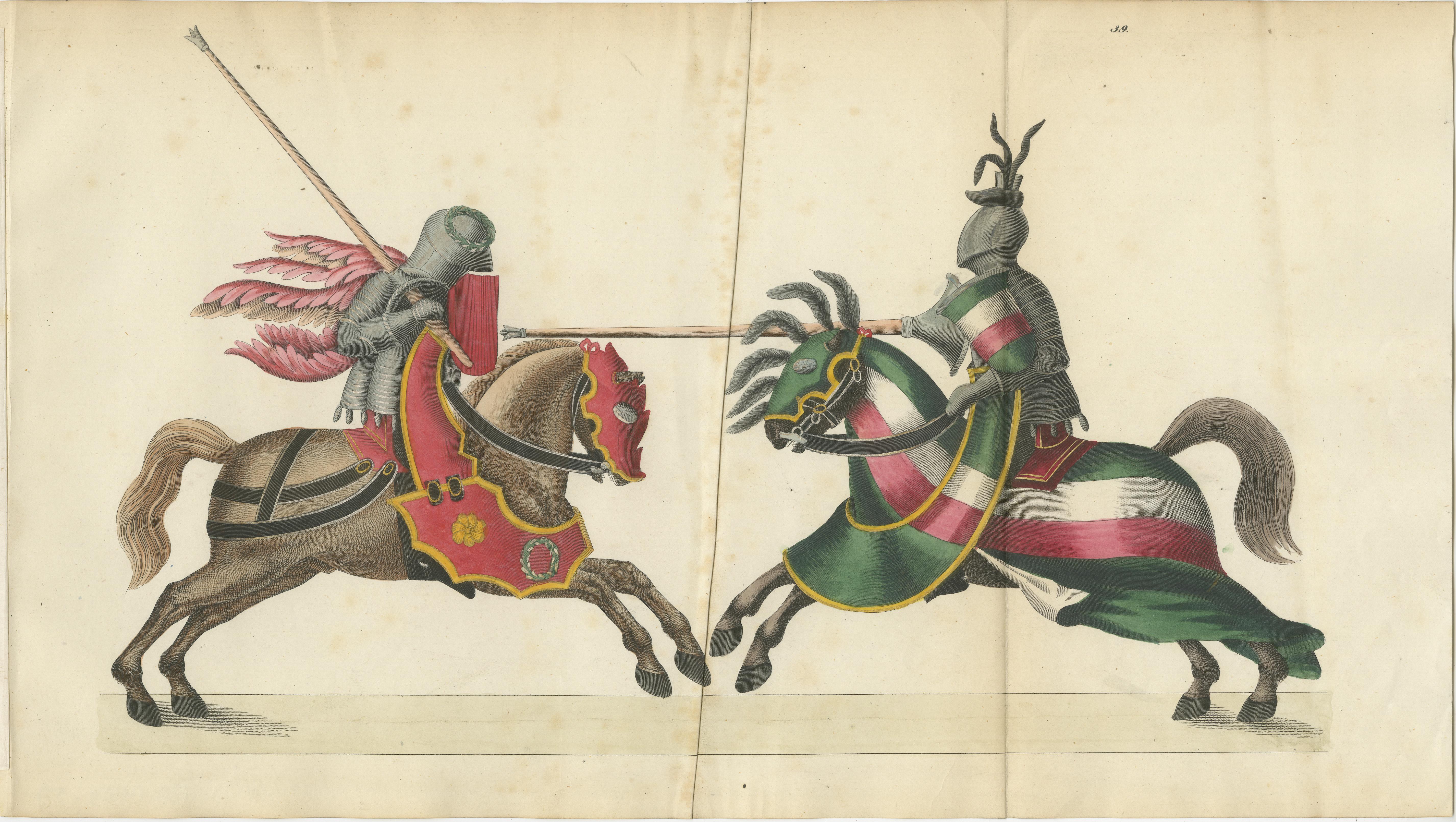 Handkolorierte Lithographie eines gekrönten Jousts aus dem 19. Jahrhundert in kräftigem Rot und Grün im Zustand „Gut“ im Angebot in Langweer, NL