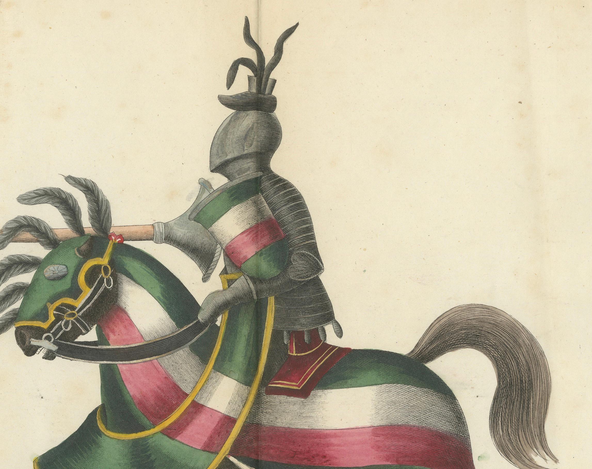 Handkolorierte Lithographie eines gekrönten Jousts aus dem 19. Jahrhundert in kräftigem Rot und Grün (Mittleres 19. Jahrhundert) im Angebot
