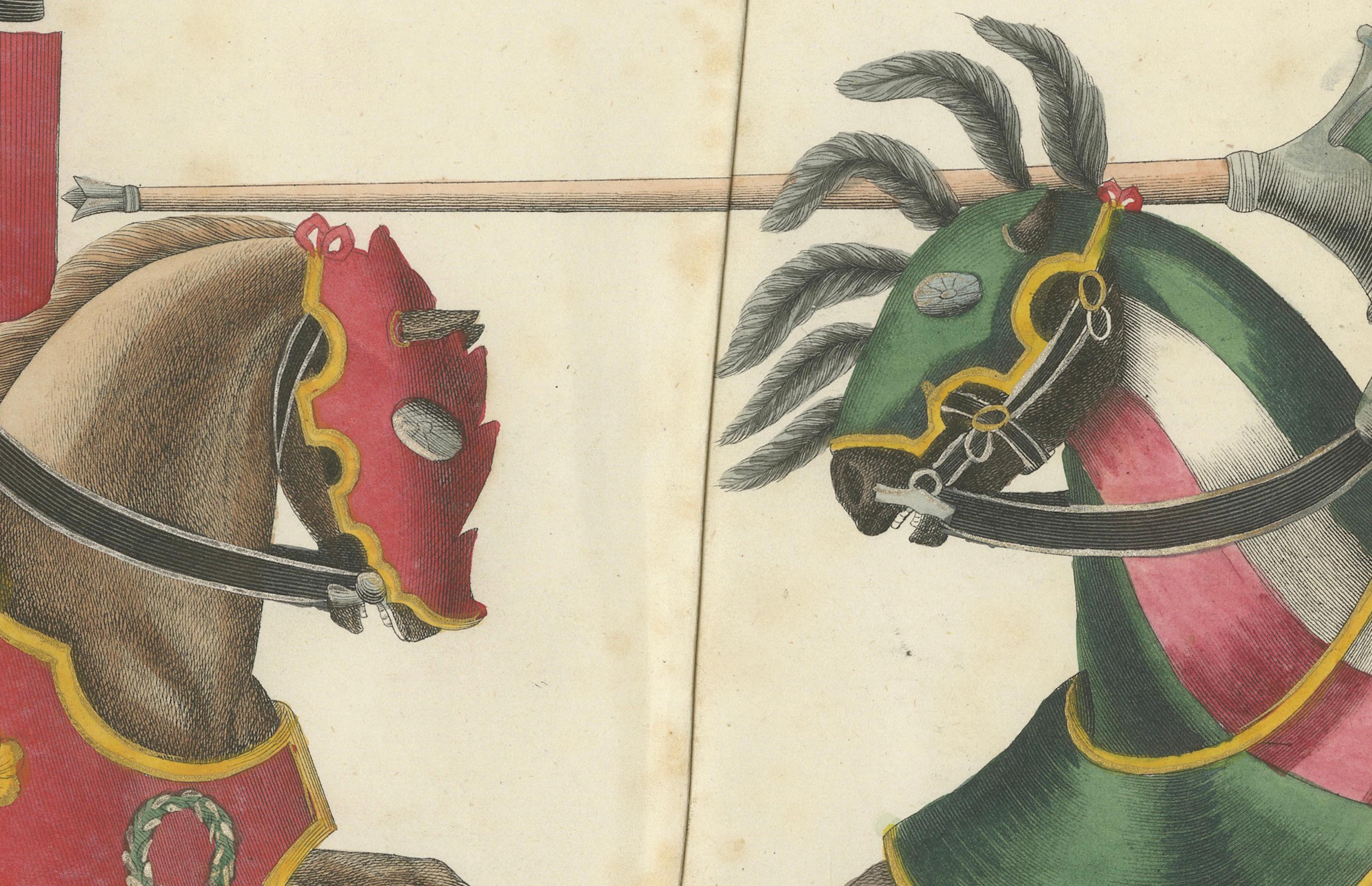 Handkolorierte Lithographie eines gekrönten Jousts aus dem 19. Jahrhundert in kräftigem Rot und Grün (Papier) im Angebot