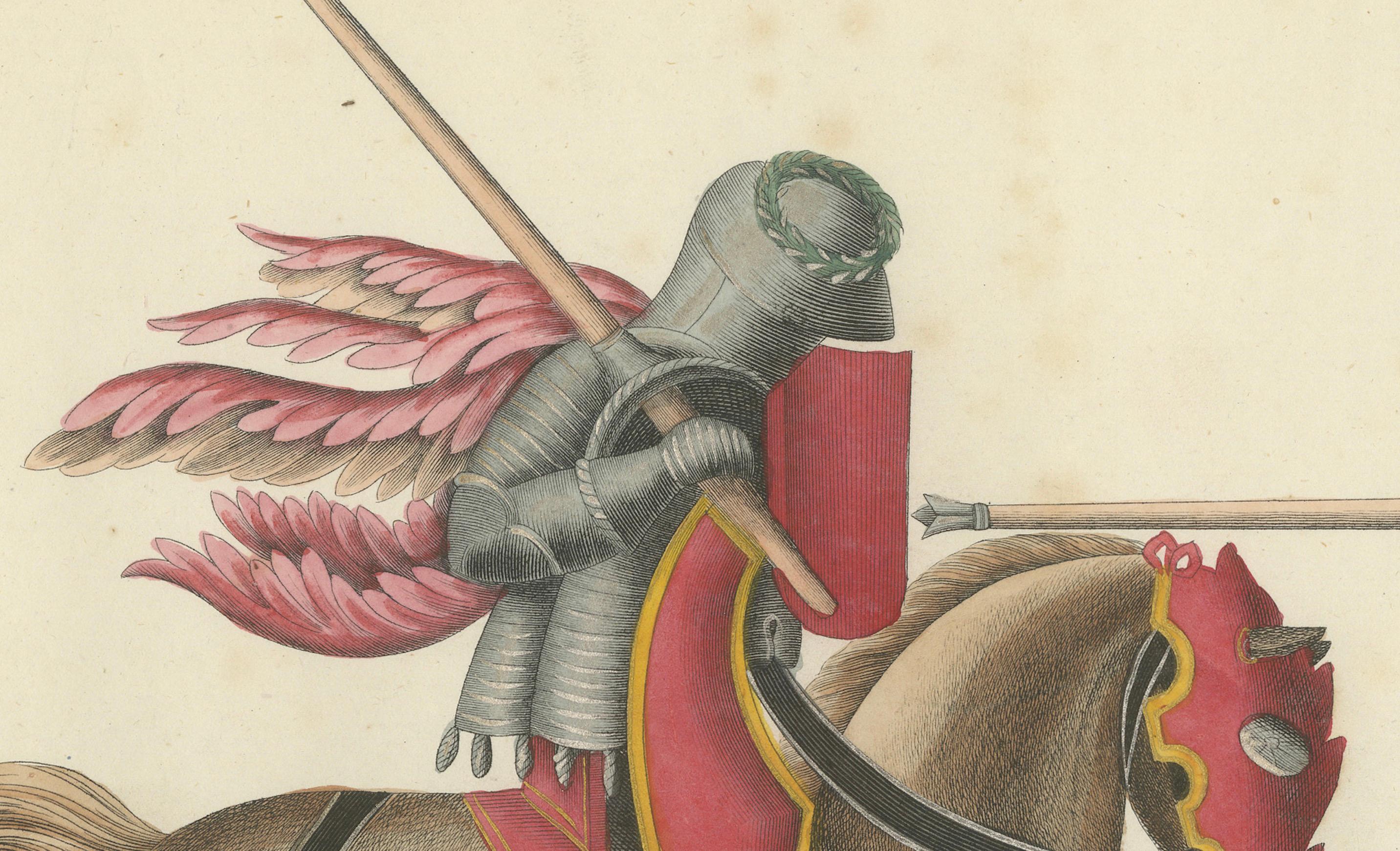 Handkolorierte Lithographie eines gekrönten Jousts aus dem 19. Jahrhundert in kräftigem Rot und Grün im Angebot 1