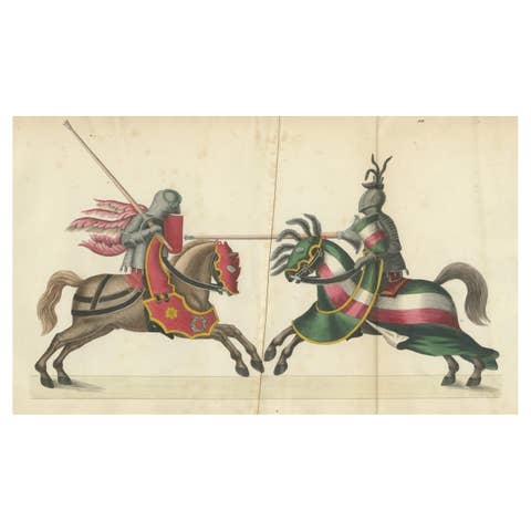 19th-Century Hand-Coloured Lithograph of a Knightly Joust in Bold Red and Green