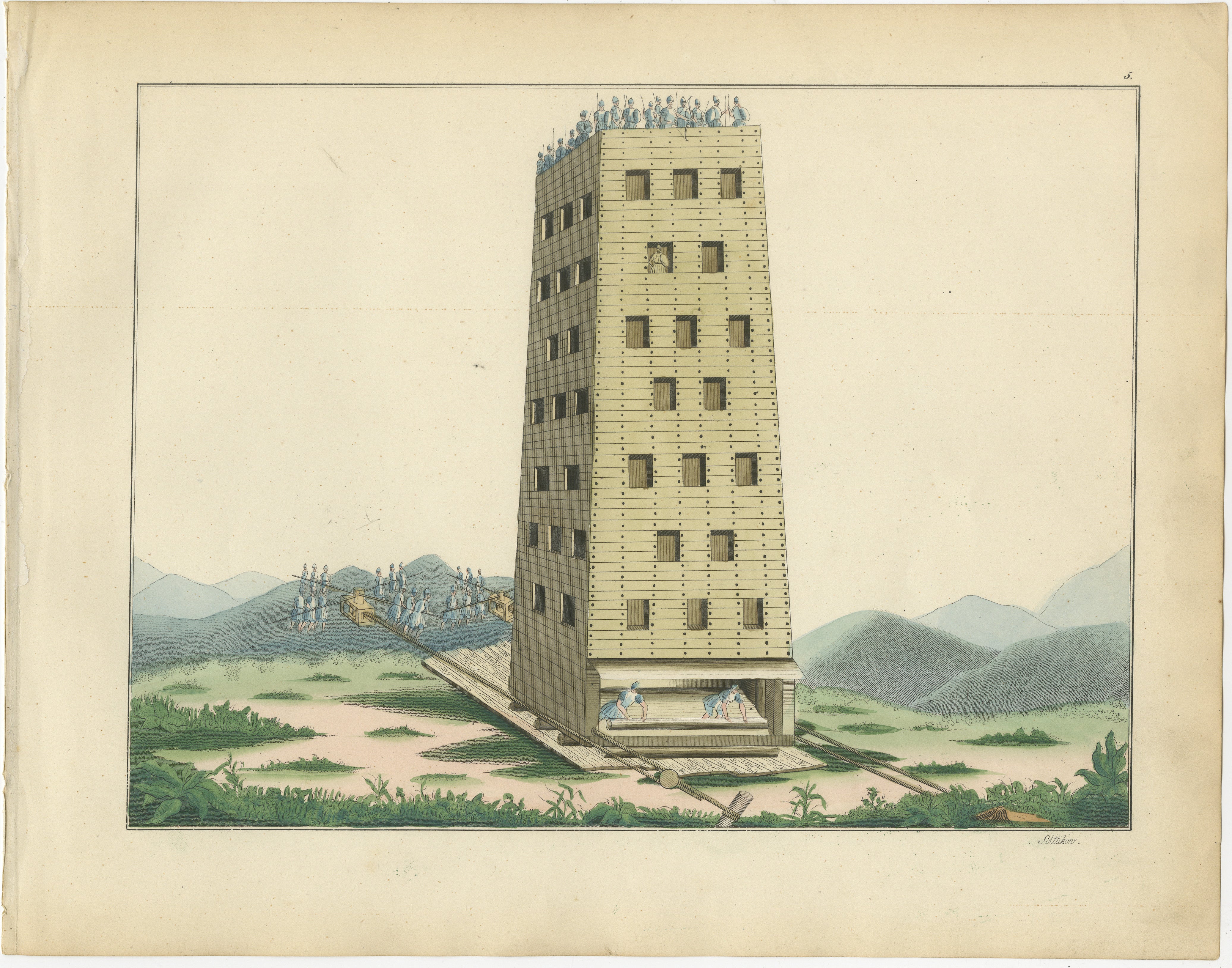 Titel: Handkolorierte Lithographie eines mittelalterlichen Belagerungsturms in Aktion aus dem 19.

Beschreibung: Diese außergewöhnliche handkolorierte Lithografie zeigt einen hoch aufragenden mittelalterlichen Belagerungsturm, eine wichtige