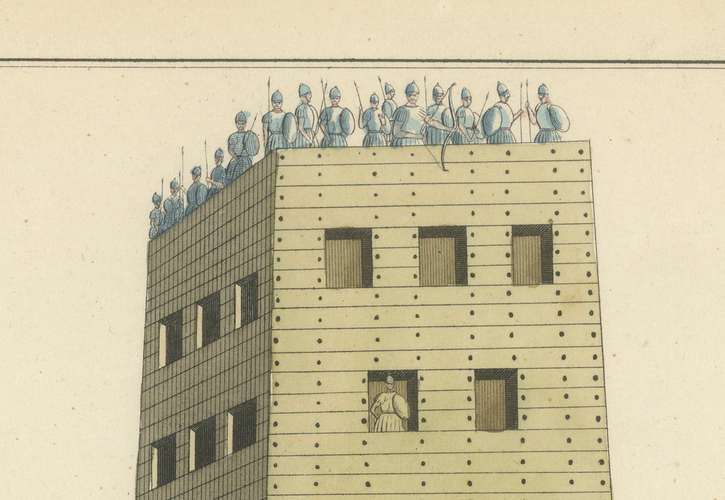 Handkolorierte Lithographie eines mittelalterlichen Siege-Turms aus dem 19. Jahrhundert in Aktion (Mittleres 19. Jahrhundert) im Angebot