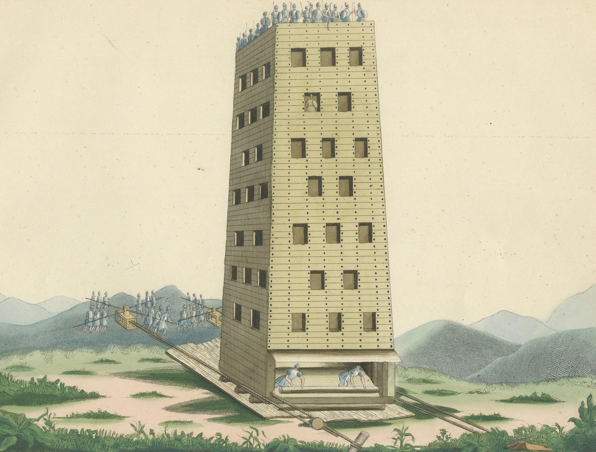 Handkolorierte Lithographie eines mittelalterlichen Siege-Turms aus dem 19. Jahrhundert in Aktion (Papier) im Angebot