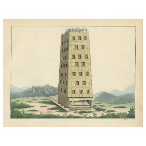 19th-Century Hand-Coloured Lithograph of a Medieval Siege Tower in Action