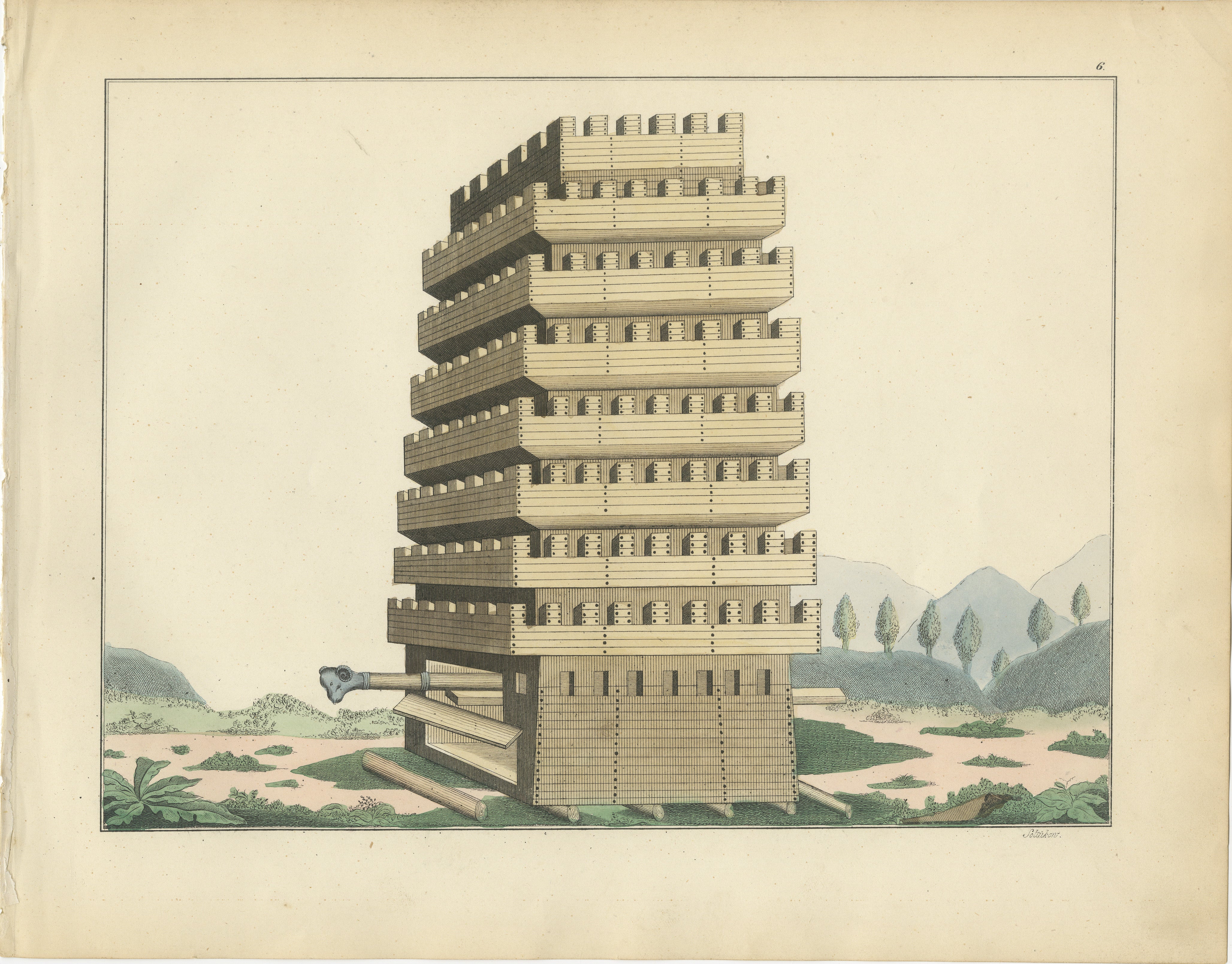19th-Century Hand-Coloured Lithograph of a Multi-Level Medieval Siege Tower  

This impressive hand-coloured lithograph features a detailed depiction of a multi-level medieval siege tower, a towering war machine used to scale fortified walls during