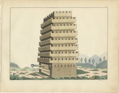 19th-Century Hand-Coloured Lithograph of a Multi-Level Medieval Siege Tower