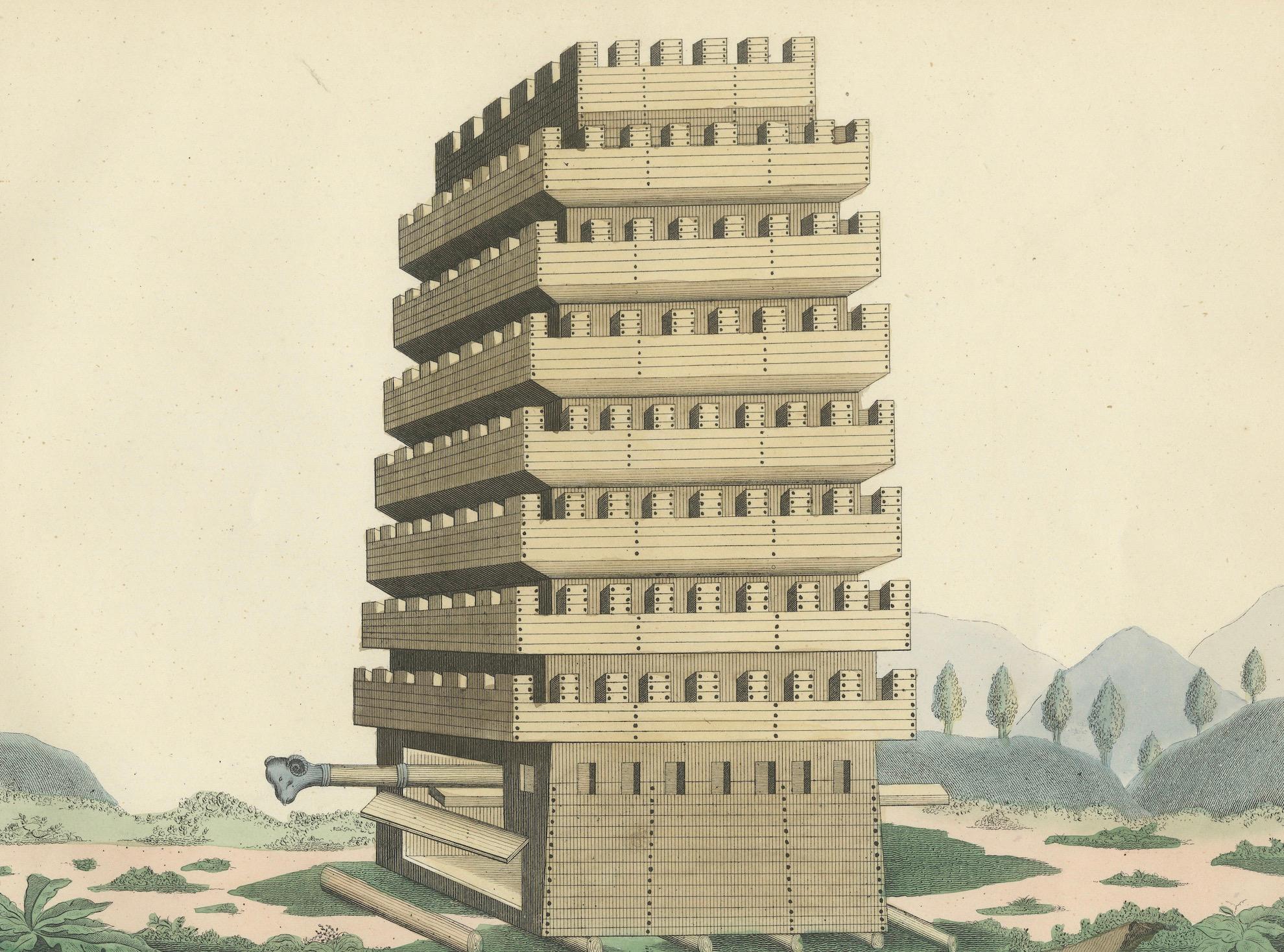 19th-Century Hand-Coloured Lithograph of a Multi-Level Medieval Siege Tower In Good Condition For Sale In Langweer, NL