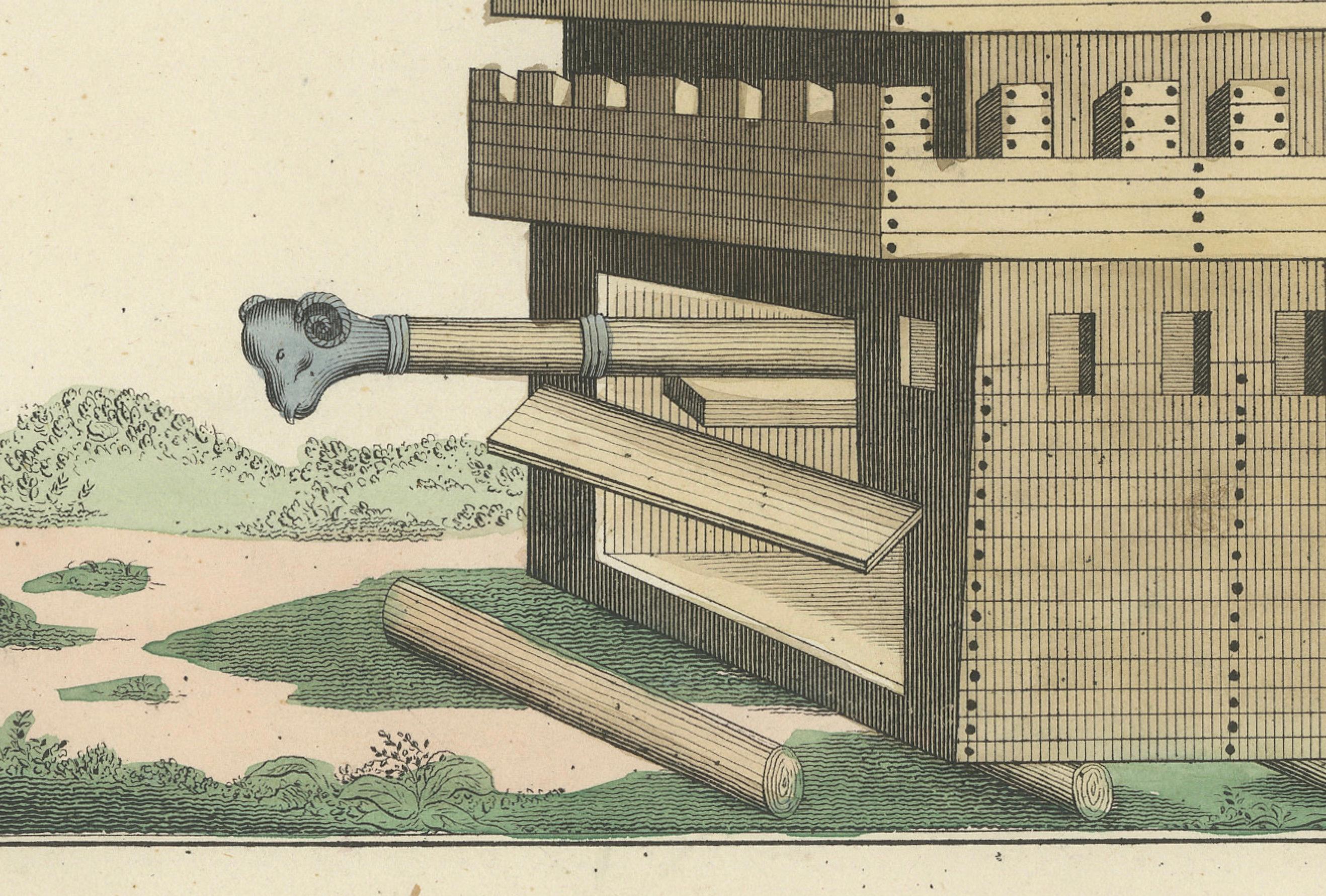 Mid-19th Century 19th-Century Hand-Coloured Lithograph of a Multi-Level Medieval Siege Tower For Sale
