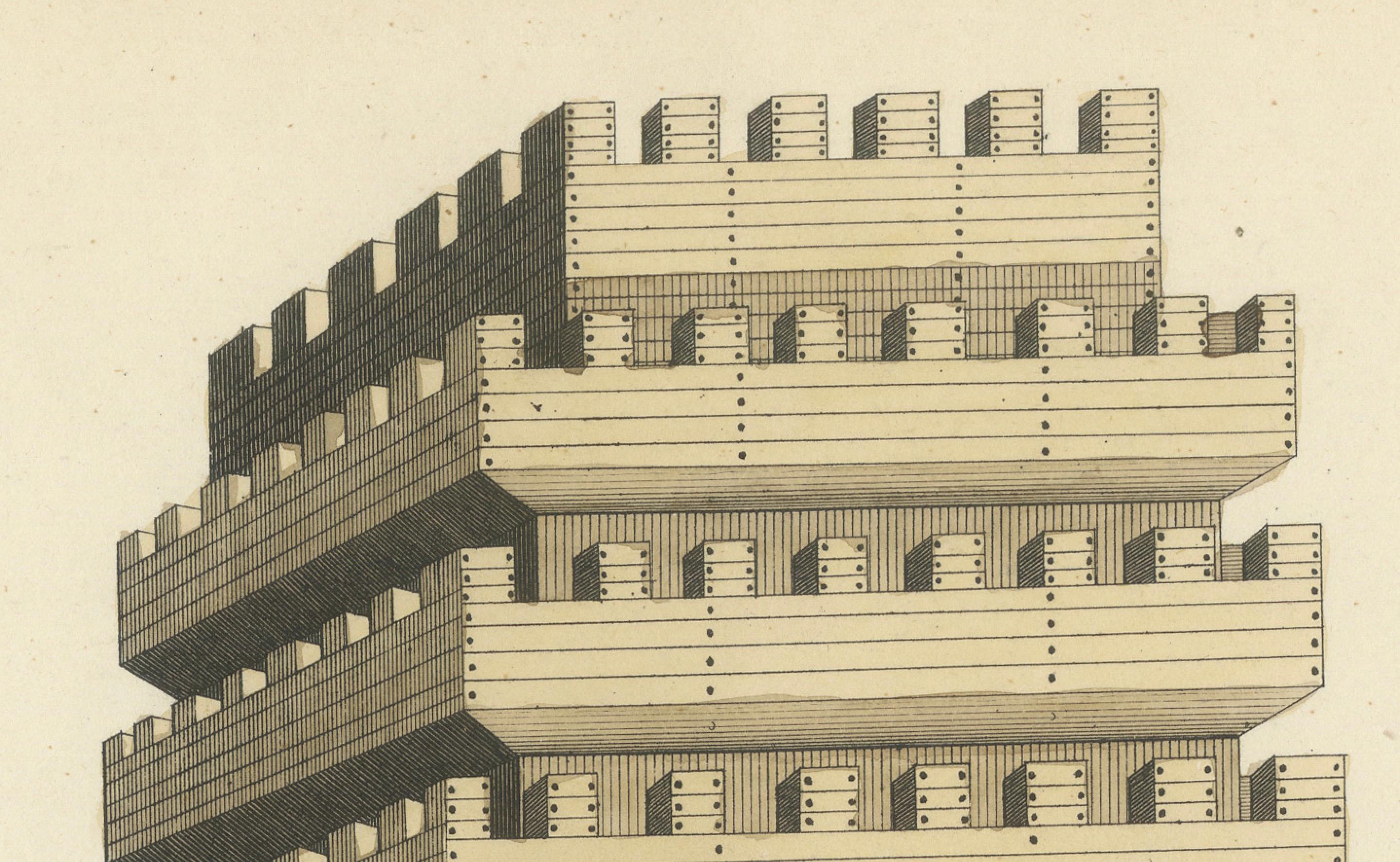 Paper 19th-Century Hand-Coloured Lithograph of a Multi-Level Medieval Siege Tower For Sale