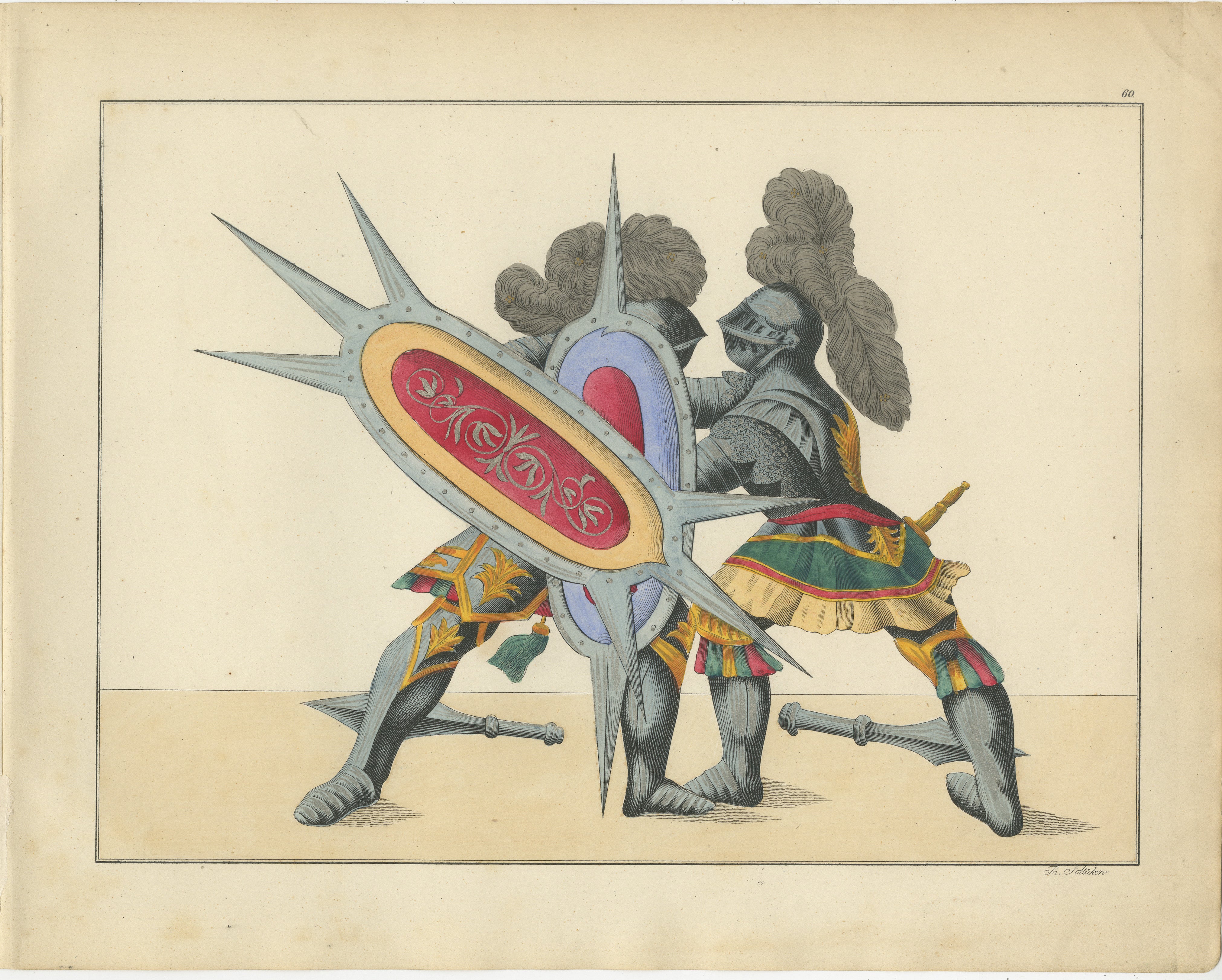 Titel: Handkolorierte Lithografie eines Panzerduells mit Stachelschilden aus dem 19.

Beschreibung:  Diese originale handkolorierte Lithografie ist eine fesselnde Szene aus der 1842 erschienenen Publikation 