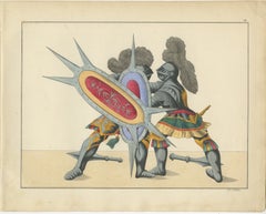 19th-Century Hand-Coloured Lithograph of Armoured Duel with Spiked Shields
