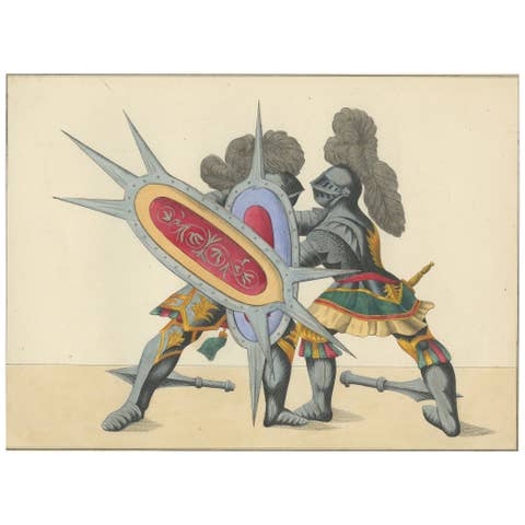 19th-Century Hand-Coloured Lithograph of Armoured Duel with Spiked Shields